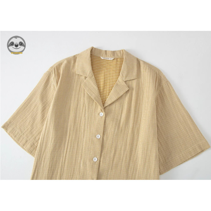 Phong cách Nhật Bản Muji Style / Bộ đồ ngủ ngắn tay sọc dây rút Cotton nguyên chất / Bộ đồ ngủ nữ sợi hai lớp phong cách mỏng Cotton sọc mùa hè