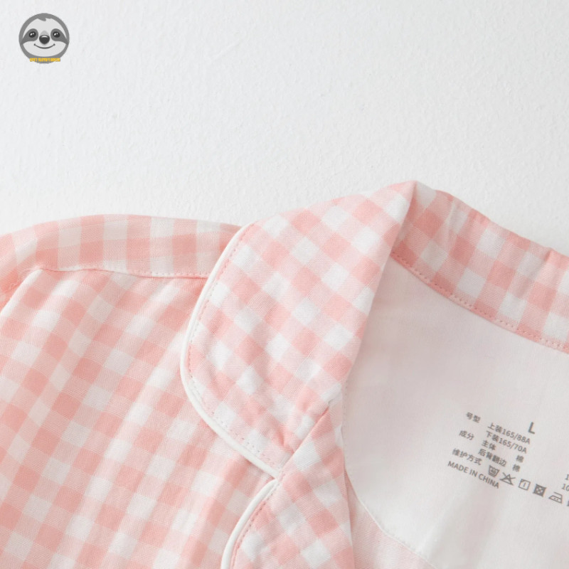 Phong cách Nhật Bản Muji Style / Bộ đồ ngủ kẻ sọc sợi hai lớp bằng vải Cotton Bộ ba mảnh / Có thể mặc quần Short ngắn tay bằng vải Cotton bên ngoài