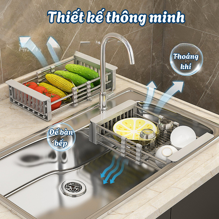 Kệ gác bồn rửa chén bát INOX 304 không gỉ, Giá gác bồn rửa chén ráo nước có thể thu gọn kéo dài