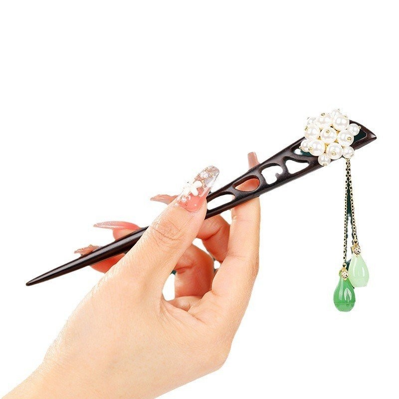 Kẹp tóc gỗ Đàn hương đen phong cách Trung Quốc mới, hoa Yalan giọt nước tua rua Hán phục, phụ kiện sườn xám, phụ kiện tóc đơn giản
