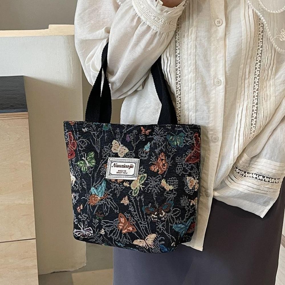 Túi đeo vai HOBBYIN, Túi Tote nữ dày bằng vải Canvas, Túi xách Jacquard in hoa bướm dung tích lớn thông thường