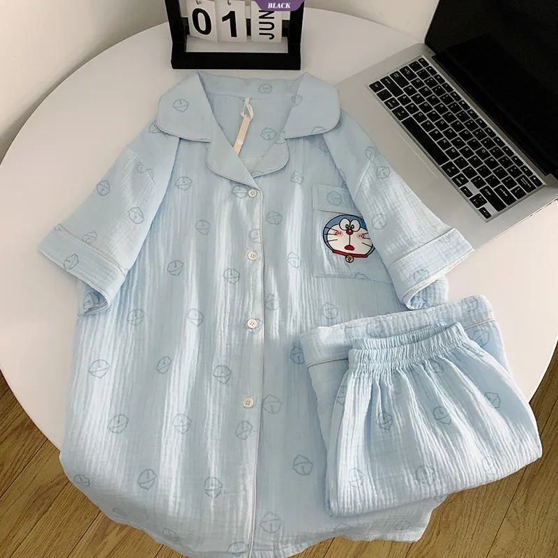 Quần Short ngắn tay mèo Tinkerbell màu xanh ngọt ngào và đáng yêu mới Bộ đồ ngủ thông thường dành cho nữ Bộ quần áo tại nhà mùa hè [BL]