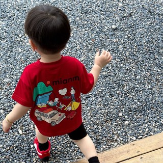 Áo thun ngắn tay mùa hè mới cho trẻ em, phong cách Hàn Quốc, cho bé trai và bé gái, in hình hoạt hình, áo đỏ rộng rãi thoải mái