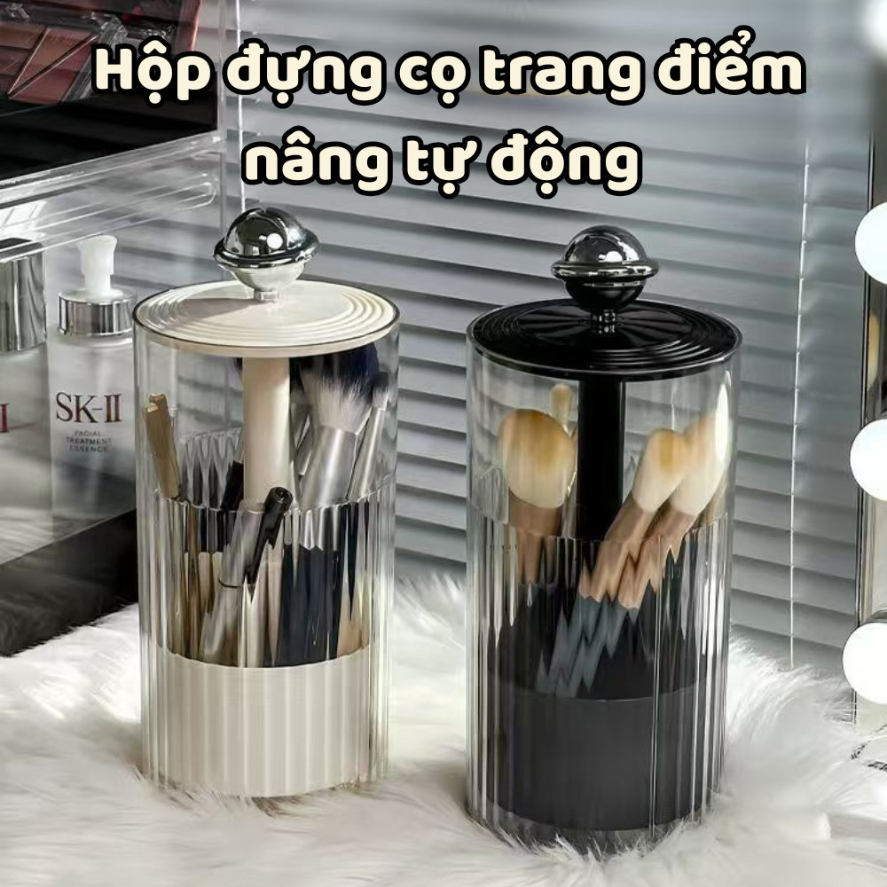 Hộp đựng cọ trang điểm nâng tự động Dinohome, Hộp đựng mỹ phẩm 4 ngăn có nắp chống bụi tiện lợi