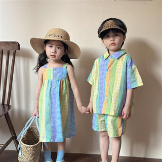 Trang phục mùa hè mới cho bé trai, váy ngắn tay cầu vồng cho bé gái, trang phục phù hợp cho anh chị em, bộ hai mảnh cho kỳ nghỉ