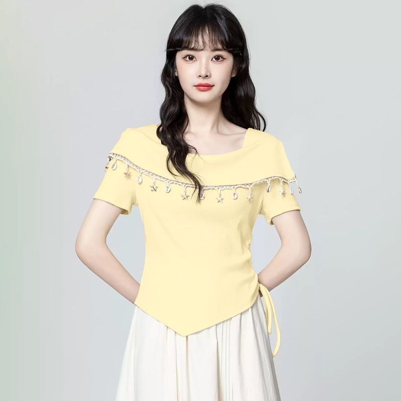 Áo Thun nữ Phong Cách Bohemian Mùa Hè 2025 Tay Ngắn Tua Rua Thiết Kế eo Hẹp Mỏng Hơn Nhìn Top