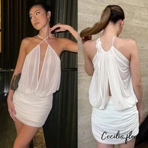 Đầm lưới không tay nữ màu trơn Dây đeo chéo Mini xếp nếp cho bữa tiệc