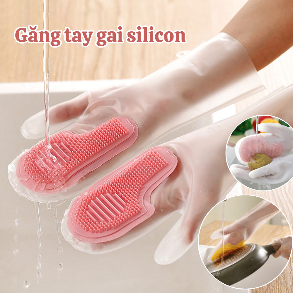 Găng tay cao su tích hợp bàn chải silicon mềm, găng tay có bàn chải rửa bát rau củ cọ rửa nhà bếp