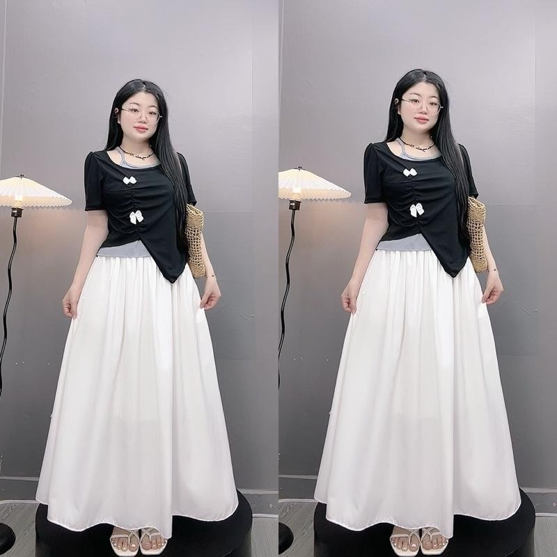 Set Áo Váy Bigsize Nữ (55-90Kg) Áo Thun Cổ Yếm Đính Nơ Mix Váy Dài Nàng Thơ -A278 + CV15
