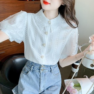 Áo blouse Barong tay phồng hiện đại của phụ nữ Philippines, ren tương phản ngọc trai, trang phục chính thức và thường ngày lấy cảm hứng từ châu Á cho phụ nữ