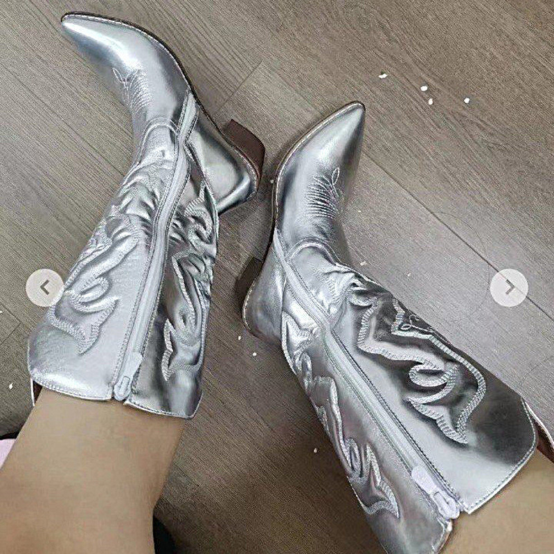 Thêu Nữ Giữa Ống Huỳnh Quang Mũi Nhọn Martin Giày Bốt Gót Dày Plus Kích Thước Giày Bốt