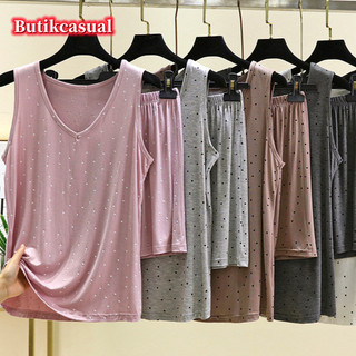 Phụ Nữ Modal Áo Quần Short Bộ Mùa Hè Mỏng Cổ Chữ V Dáng Rộng Không Tay Bộ Đồ Ngủ Nhà 2 Bộ