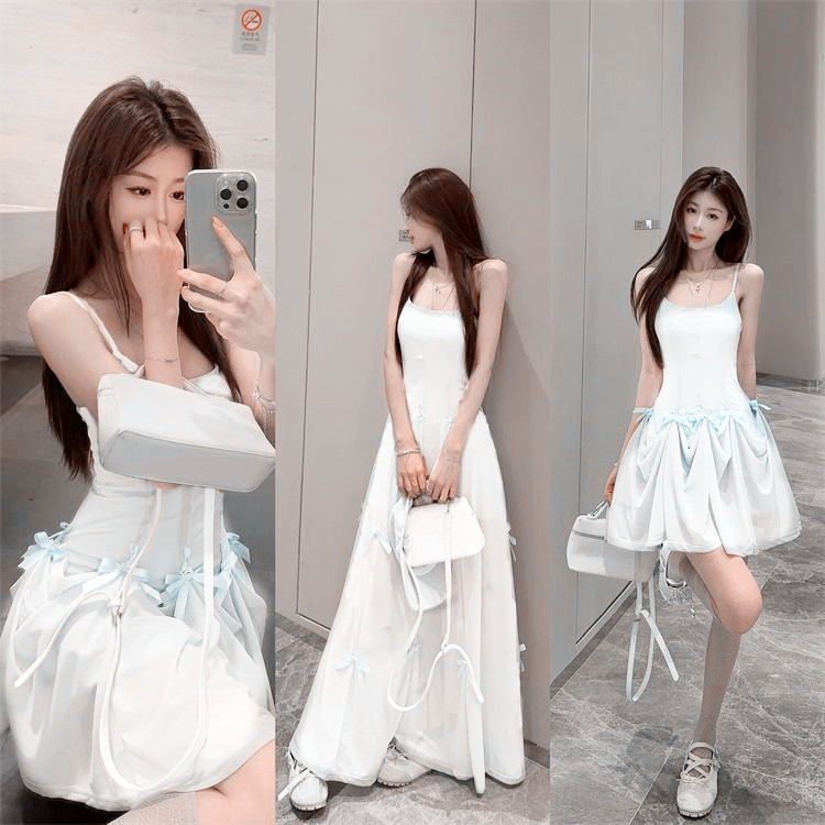 Thắt Nơ Tính Khí Mỏng Hơn Nhìn Sling Đầm Nữ 2025 Xuân Hè Thiết Kế Cảm Thấy Hai Cánh Siêu Cổ Tích Nẹp-