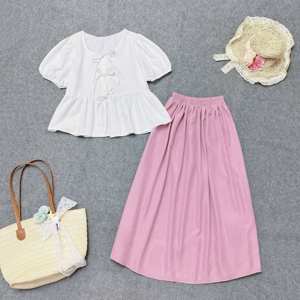 Set Đồ Bigsize Nữ 2 Món Dễ Thương – Áo Sơ Mi Babydoll Tay Bồng Mix Chân Váy Dài  Che Bụng A191-CV15