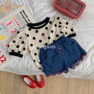 Áo thun ngắn tay họa tiết chấm bi dễ thương mùa hè cho bé gái, áo phong cách công chúa thêu gấu màu sắc cho trẻ nhỏ và bé gái nhỏ