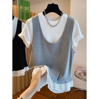 Size Lớn Top Nữ Áo Thun Cực Lớn + Áo Vest Top 100kg Ren Khâu Ngắn Tay Áo Thun Nữ Mùa Hè Giả Hai Mảnh Hàng Đầu Phiên Bản Hàn Quốc Lỏng Lẻo Quần Áo Nữ