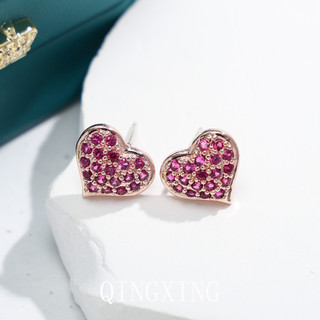 Châu Âu Mỹ Ins Phong Cách Trái Tim Full Kẻ Sọc Đỏ Bông Tai Corundum Nữ