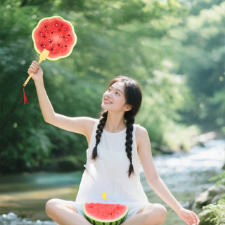 Quạt cầm tay In dưa hấu Quạt tròn có tay cầm bằng gỗ cho ngoài trời