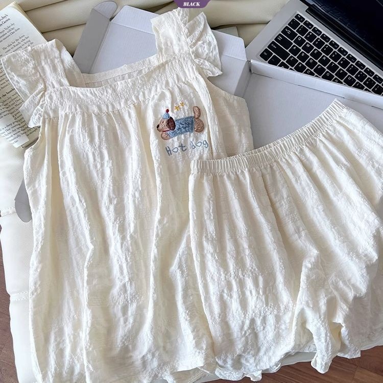 Có Đệm Ngực Dachshund Bộ Đồ Ngủ Nữ Mùa Hè Suspender Quần Short Two-Piece Cute Anime Homewear [BL]
