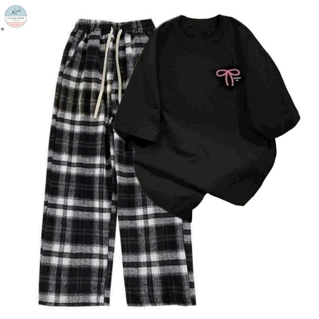 [ Hàng Mới ] Sét Bộ Quần Kẻ caro+ mix áo phông form rộng -nơ AN PHA in ngựC-quanao94