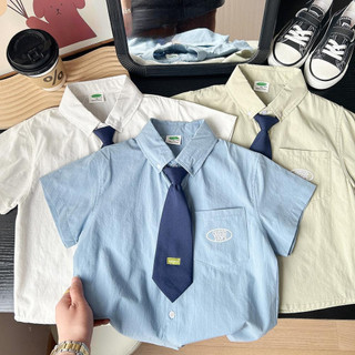 Áo sơ mi ngắn tay cà vạt bé trai mẫu mới mùa hè Áo sơ mi phong cách Hàn Quốc trẻ em áo polo màu trắng cho bé trai