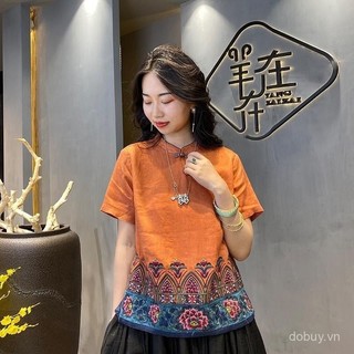 Áo blouse cotton và lanh lấy cảm hứng châu Á cho phụ nữ, áo thêu mùa hè Barong, áo phong cách dân tộc