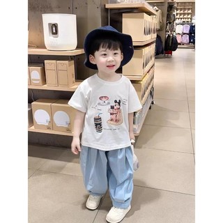 Áo thun ngắn tay đen cotton mùa hè cho bé trai, phong cách Hàn Quốc, in hình Mickey hoạt hình, áo nửa tay cho trẻ em nhỏ và vừa