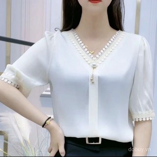 Áo blouse cho phụ nữ, áo chiffon chính thức, áo blouse cỡ lớn cho phụ nữ, phong cách Hàn Quốc, thời trang thoải mái, áo sơ mi tay ngắn cổ V