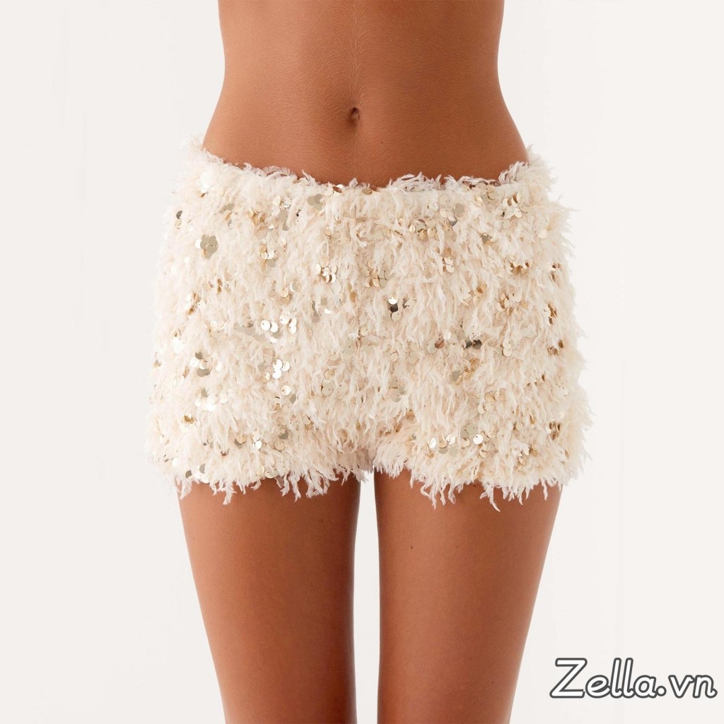 Quần Short Nữ Eo Thấp Lông Lấp Lánh Slim Fit Quần Short Mùa Hè