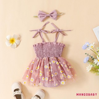 Bộ áo liền quần nữ MG-Baby Bộ dây đeo Spaghetti xếp li in hoa vải tuyn chắp vá Váy chữ A có dây đeo đầu nơ