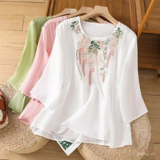 2025 Mùa hè mới Áo sơ mi thêu cổ tròn cotton lanh cho phụ nữ, dáng rộng thanh lịch