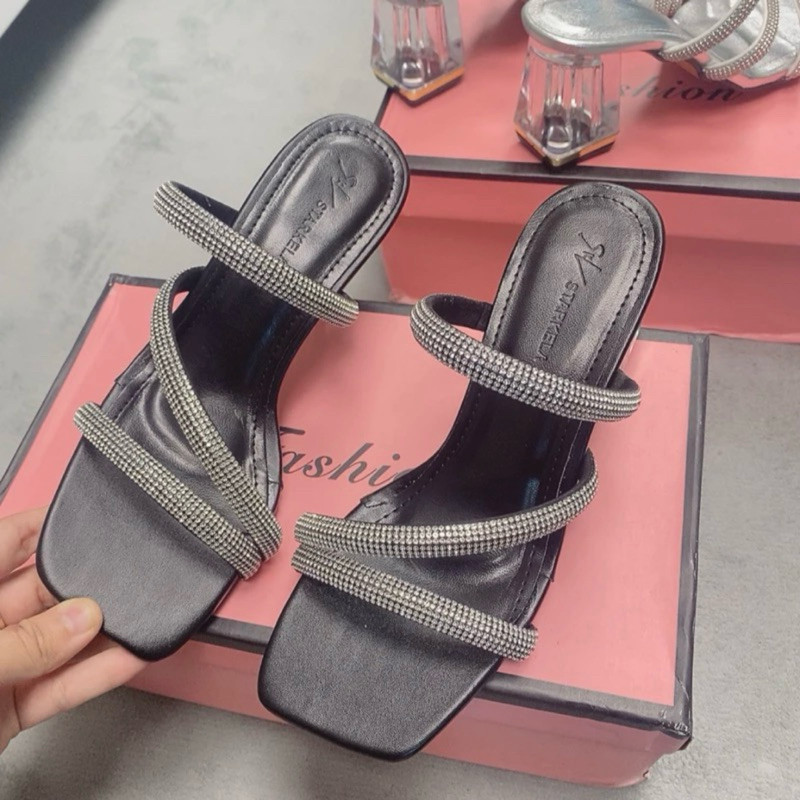 Dép Sandal Cao Gót Quai Dây Đá, Guốc Cao Gót Đế Vuông Trong Suốt  7cm - Cin Shoes
