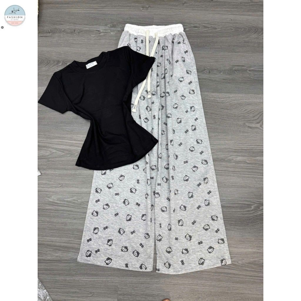 Sét Bộ Quần Mèo + mix áo phông croptop trơn chất tăm lạnh-chang3158