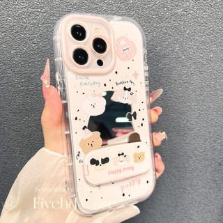 Ins Korea Cute Puppy Cartoon Make Up Mirror Vỏ nâng cao + Giá đỡ cho iPhone 11 16 15 14 13 12 Pro Xs Max XR X 6s 7 8 6 Plus SE Vỏ điện thoại TPU mềm Vỏ bảo vệ