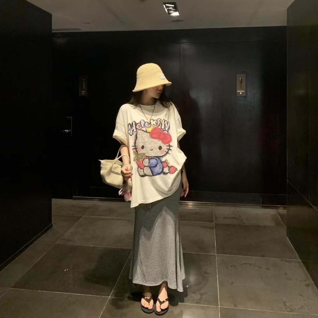 Dạo Phố Cặp Đôi Cotton Nguyên Chất Áo Thun Tay Ngắn Retro Hoạt Hình In Hình Rời