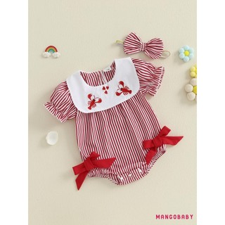 MG-Baby Girl Tôm Hùm Thêu Romper Tay Ngắn Cổ Búp Bê Kẻ Sọc Áo liền quần Có Băng Đô