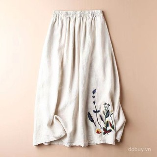 2022 Mùa hè mới, váy midi ống loe thêu màu đồng nhất bằng cotton lanh vintage cho phụ nữ