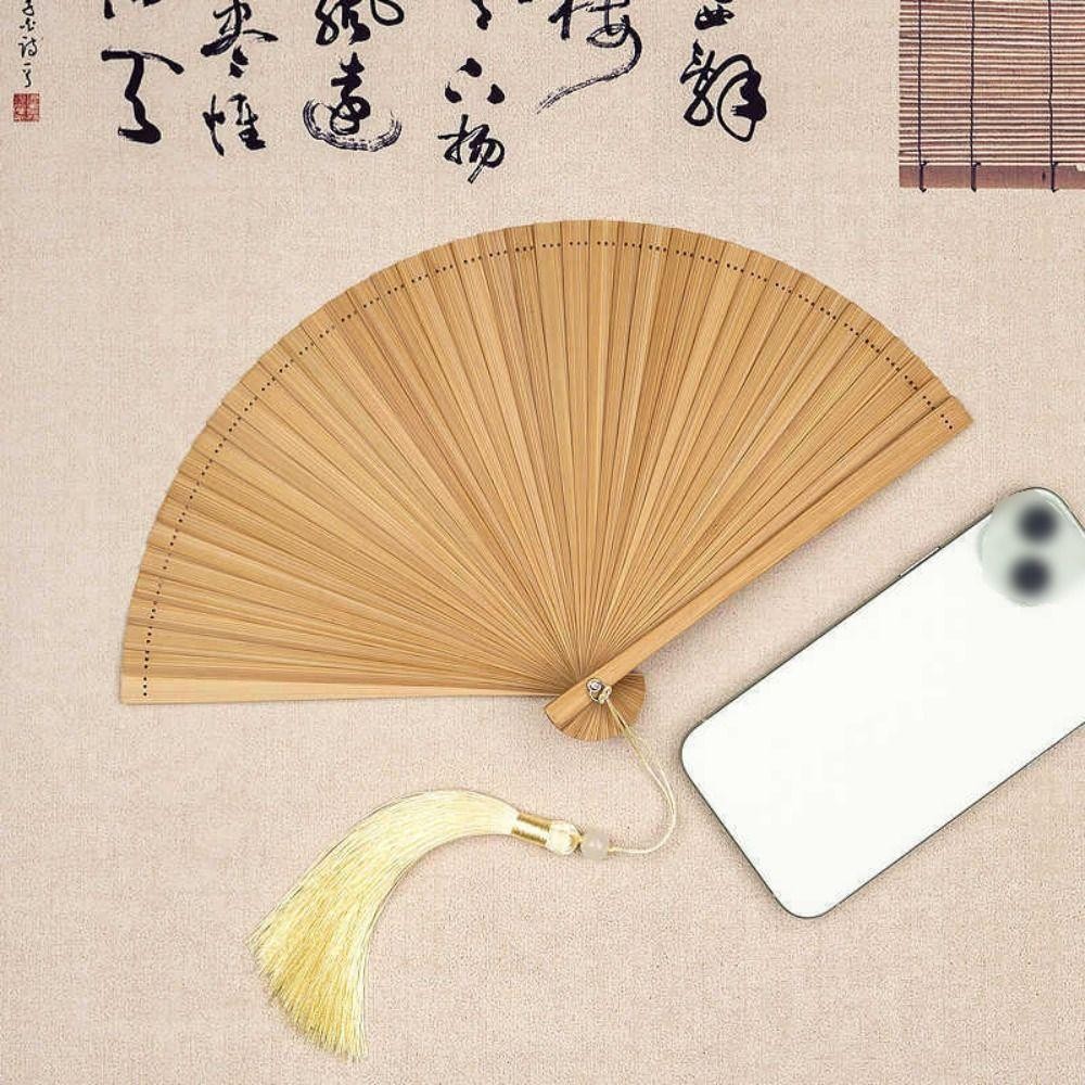 Quạt tre màu trơn FUHUIOT, Quạt gấp tua rua tinh tế phong cách Trung Quốc, Đạo cụ chụp ảnh với tua rua ngẫu nhiên Quạt cầm tay thanh lịch di động cổ điển Sườn xám Show