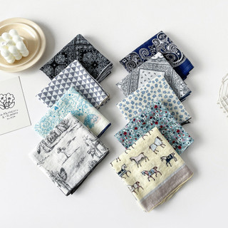 Khăn cotton vuông nhỏ mùa xuân, vải cotton-lanh, họa tiết in, dễ phối trang phục