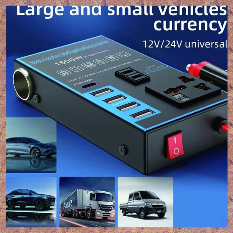 Bộ chuyển đổi bộ sạc tự động 1500W cho ô tô, xe tải, gia đình - Biến tần nguồn 12V / 24V sang 220V với ổ cắm USB điện thoại di động (R F C V)