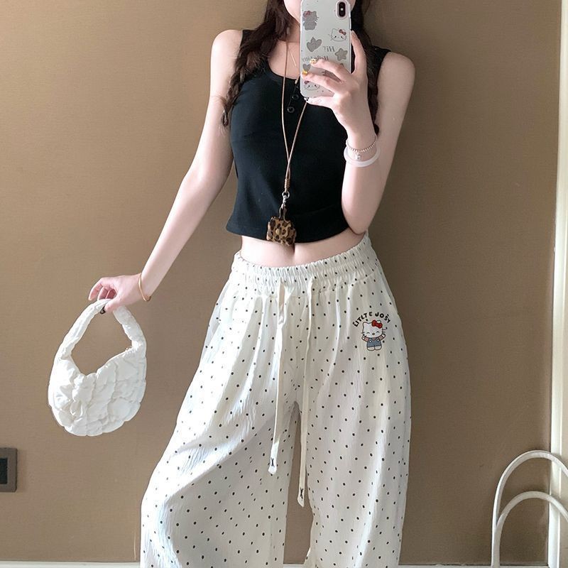 Polka dot pants Quần thể thao phong cách Hàn Quốc KT Cat, quần dài cotton có dây rút hình mây