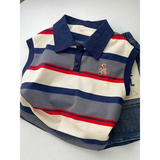 Áo vest polo mùa hè mới cho bé trai và bé gái, thêu gấu, áo phông không tay sọc cho trẻ em