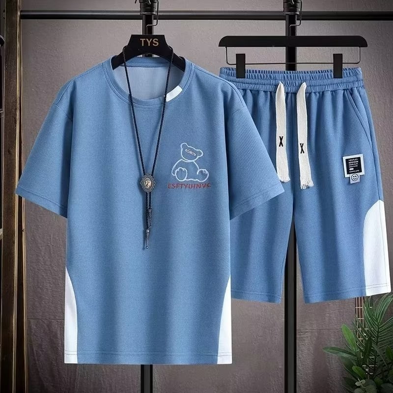 Bộ đồ bánh quế phong cách Hồng Kông Quần Short năm điểm ngắn tay nam mùa hè thanh niên hợp thời trang phong cách Harajuku phù hợp cho mọi trận đấu1 / 2 miếng