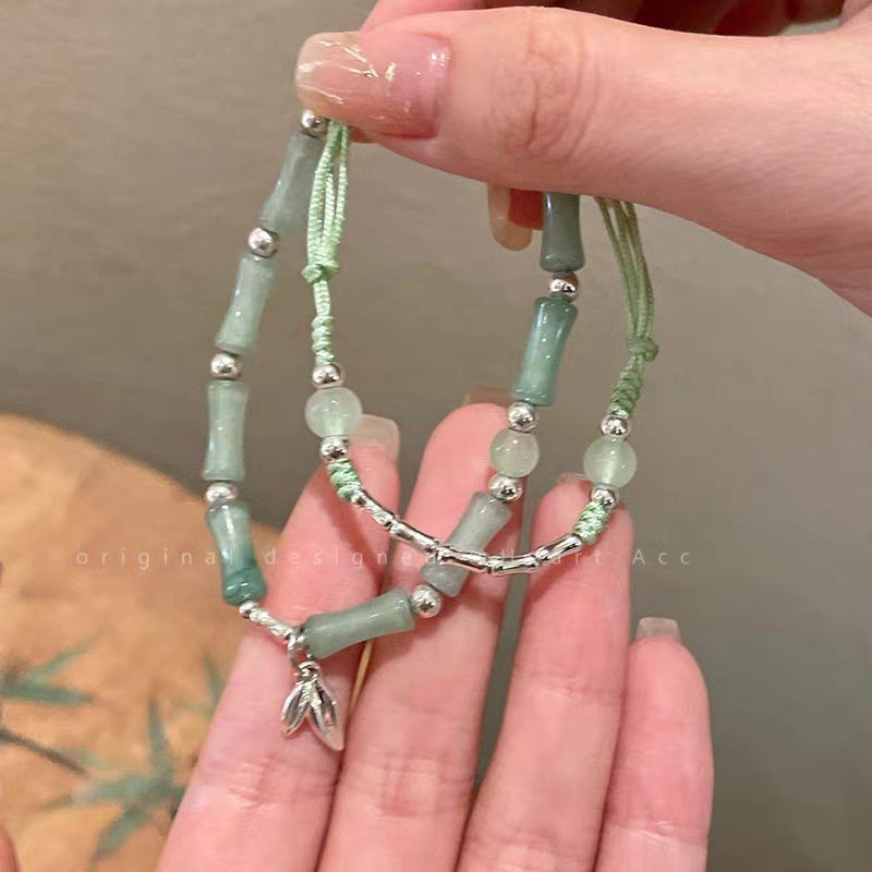 Vòng tay nút tre chống ngọc bích phong cách Trung Quốc mới cho phụ nữ, trang sức tay sang trọng nhẹ nhàng phong cách Trung Quốc hai lớp xếp chồng mang lại cảm giác mát mẻ