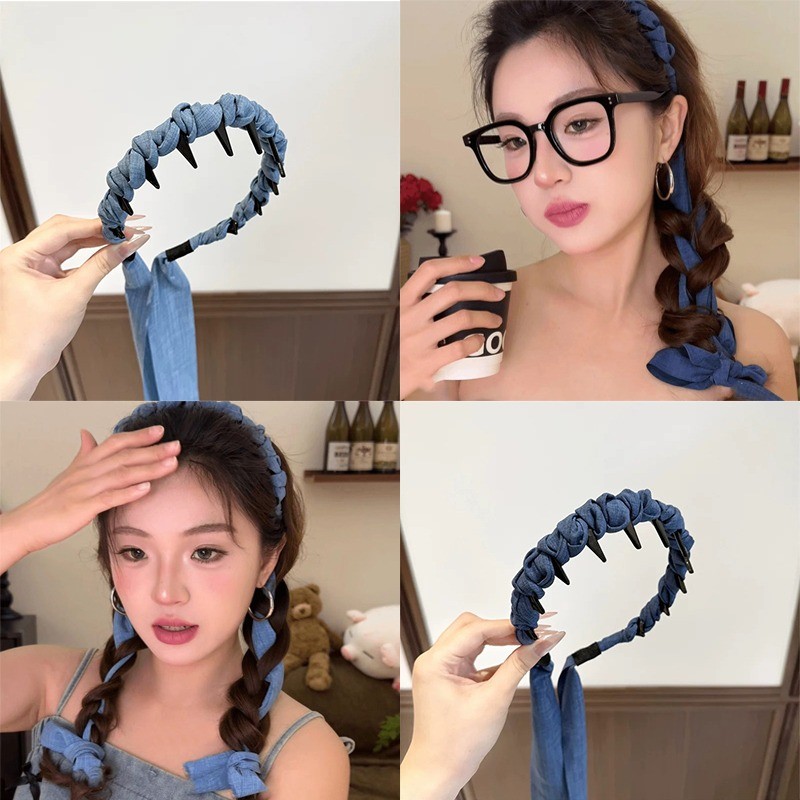 Đenim Xanh Streamer Mùa Hè Mới Thoáng Mát Xoắn Nút Thắt Lưng Cô Gái Ngọt Ngào và Cay Băng Đô Full Răng Lược