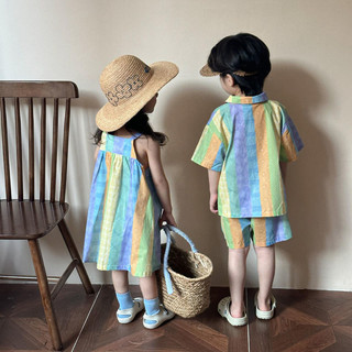 Trang phục mùa hè mới cho bé trai, váy ngắn tay cầu vồng cho bé gái, trang phục phù hợp cho anh chị em, bộ hai mảnh cho kỳ nghỉ