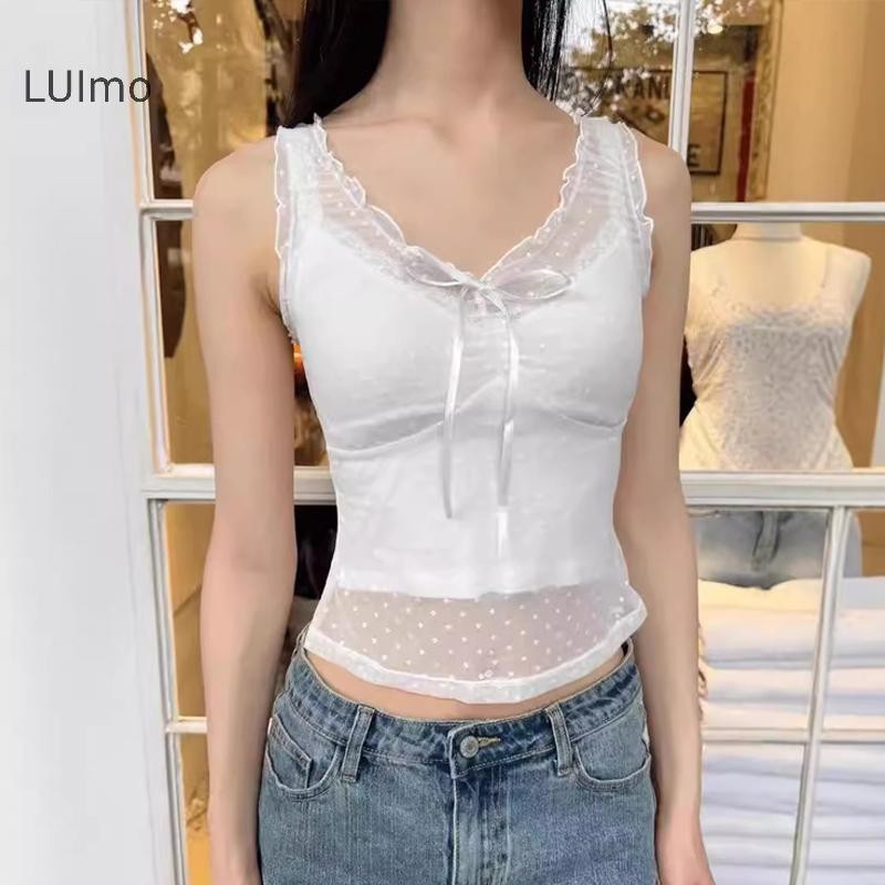 LUImo Mùa Hè Ngọt Ngào BM Phong Cách Tình Yêu Thêu Cổ Chữ V Không Tay Ren Cho Nữ SBS