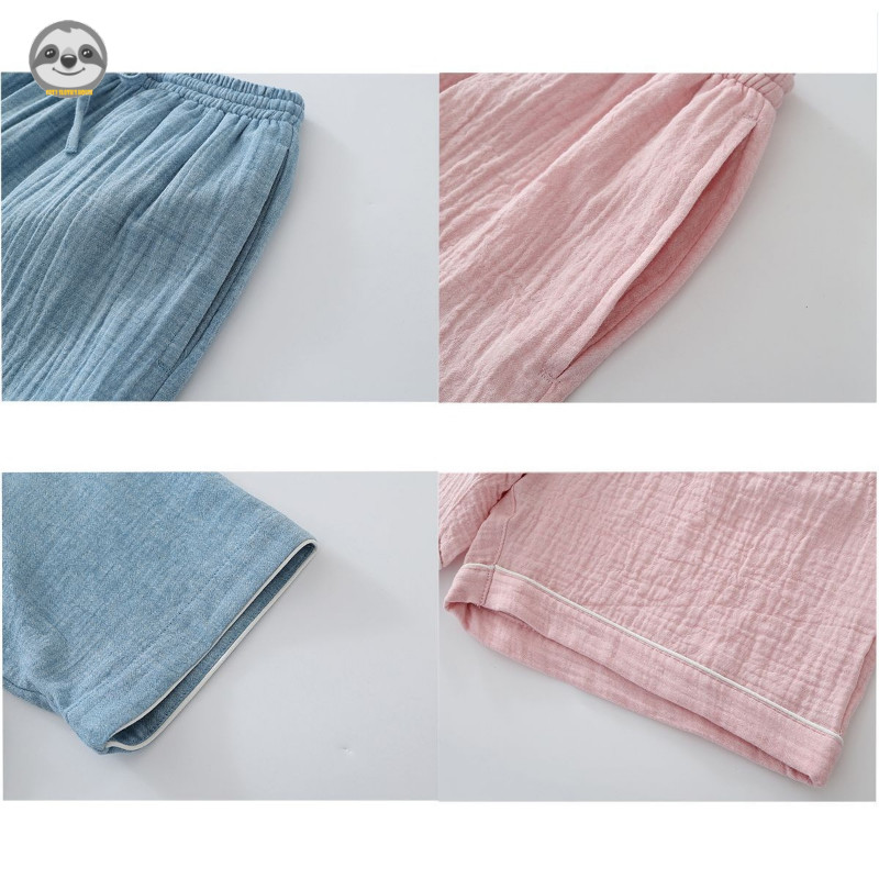 Phong cách Nhật Bản Muji Style / Sợi đôi Cotton nguyên chất Dây rút cổ tròn Quần Short ngắn tay Bộ đồ ngủ / Sợi Cotton nhăn Đồ mặc nhà thông thường