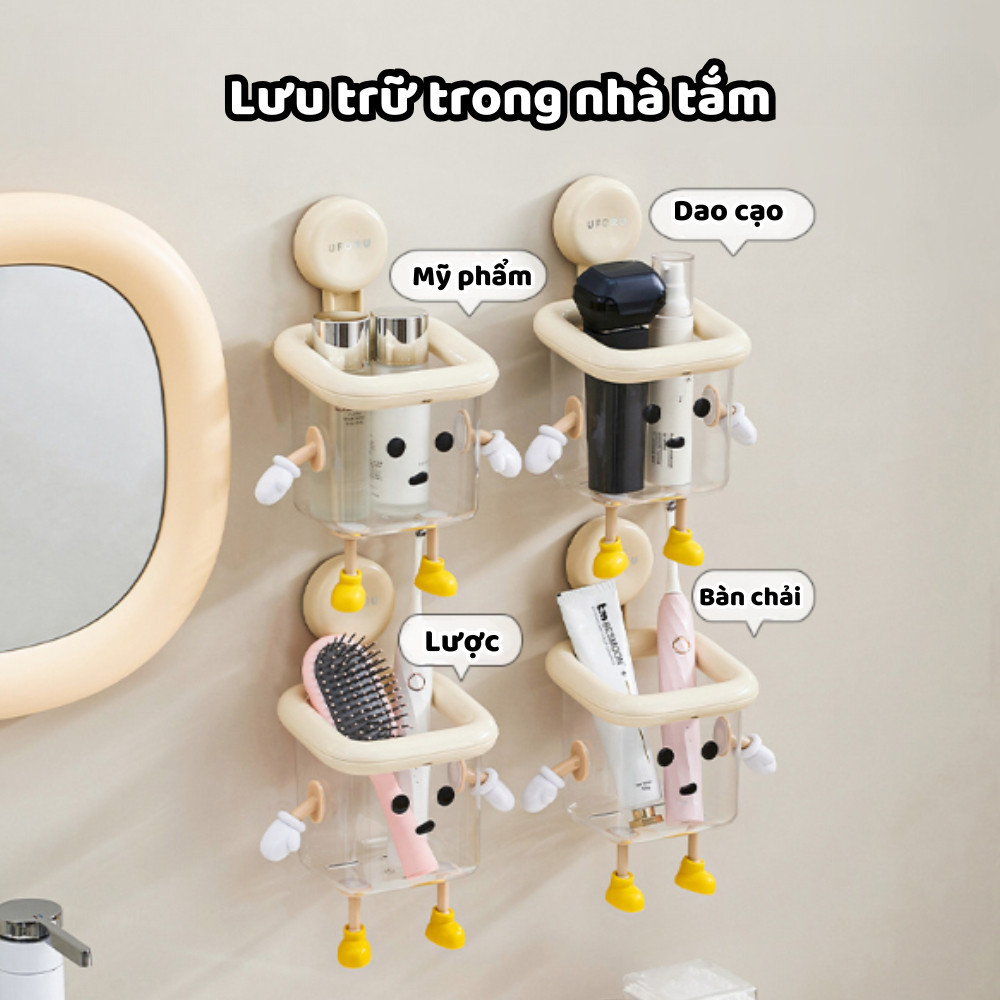 Kệ Để Đồ Nhà Tắm Có Cốc Hút Dán Tường Cute, Kệ Để Đồ Nhà Bếp Đa Năng Có Khe Thoát Nước Tiện Lợi DINOHOME