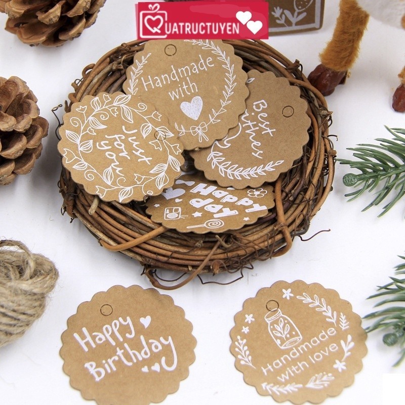Set 50 tag tem đục lỗ kèm dây treo giấy kraft vintage viền trắng TE25 ...